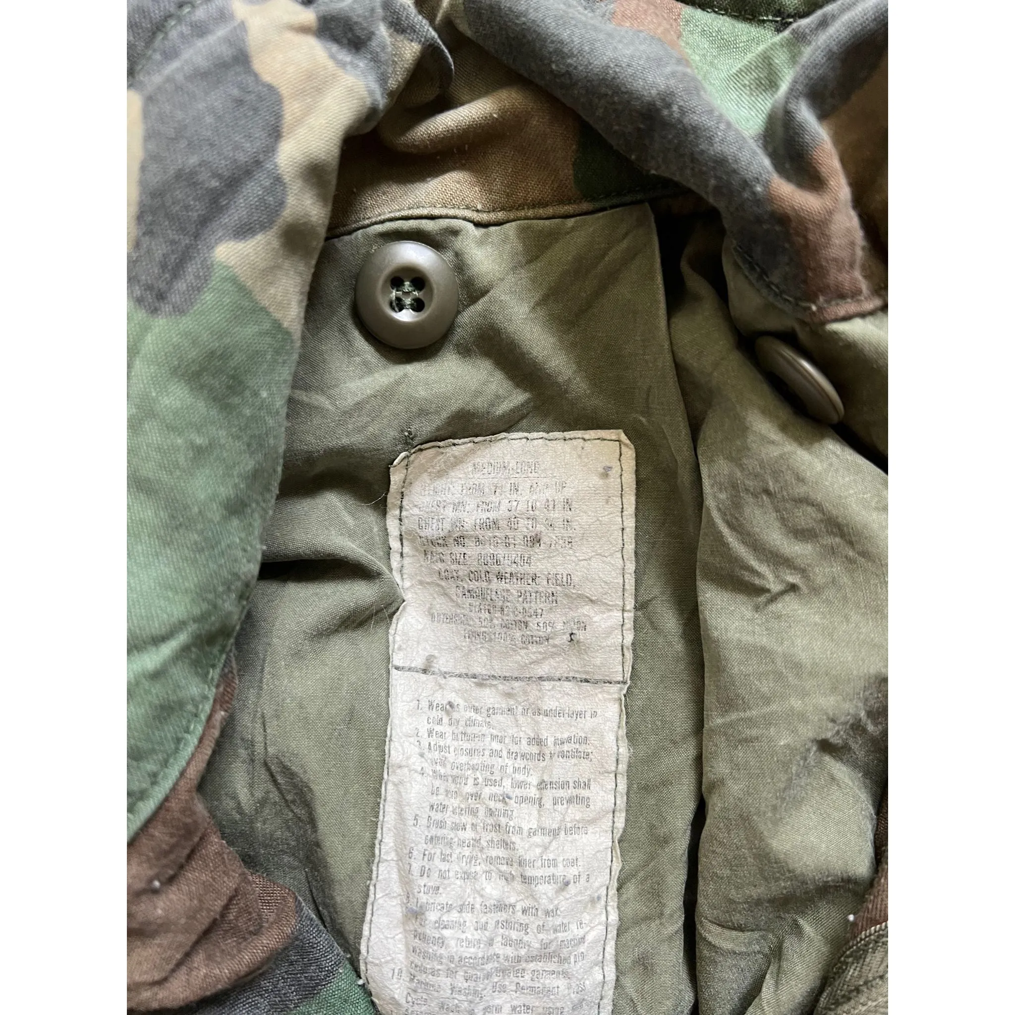1983 U.S. Army Woodland Camouflage M-65 Field Jacket Major James 1st Army