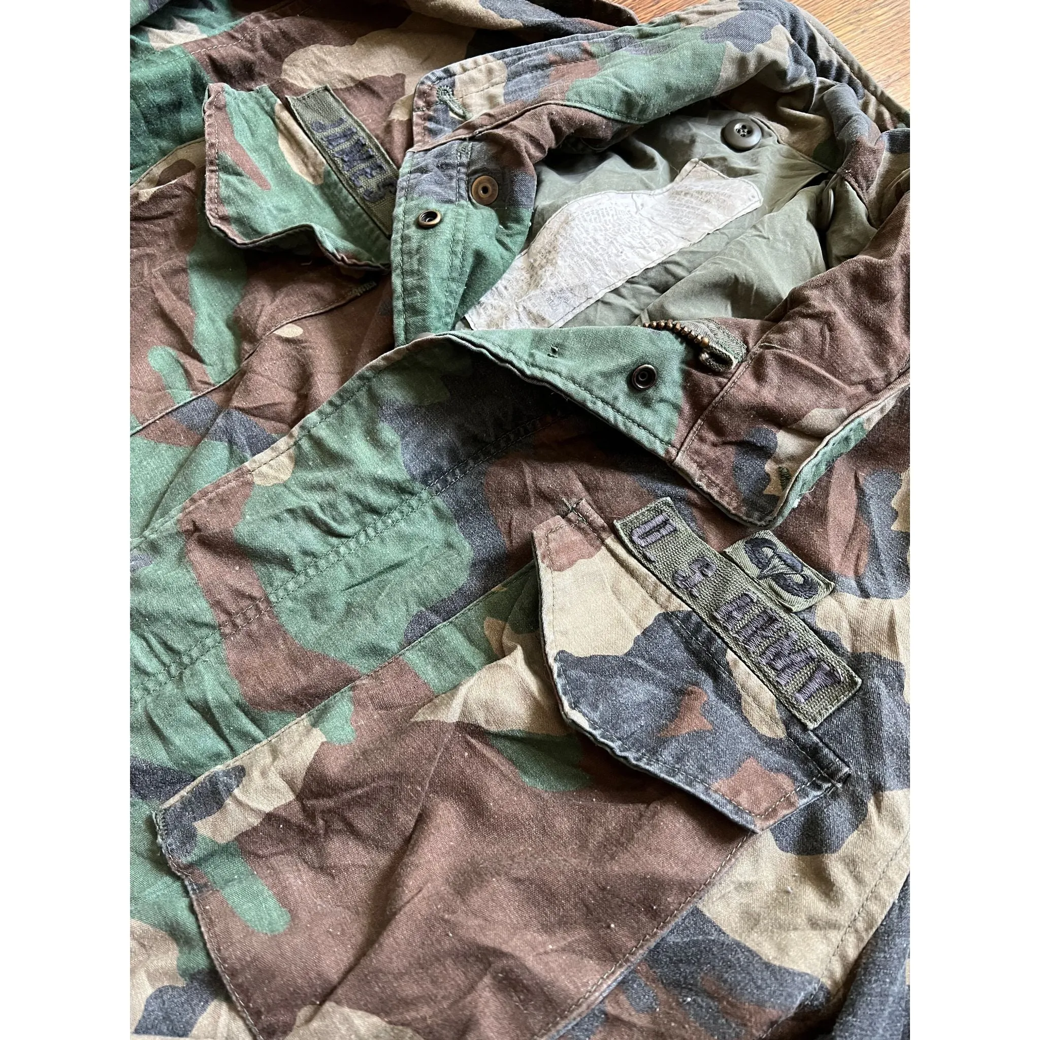 1983 U.S. Army Woodland Camouflage M-65 Field Jacket Major James 1st Army