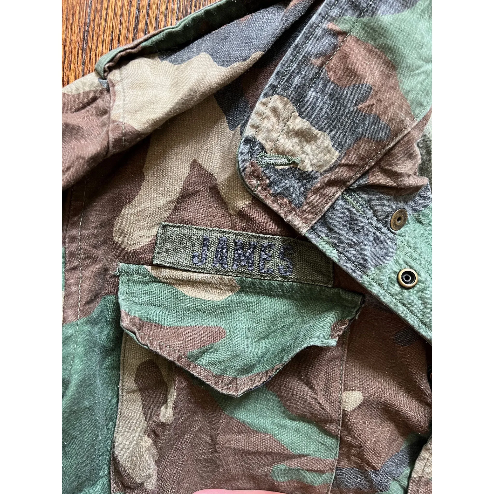 1983 U.S. Army Woodland Camouflage M-65 Field Jacket Major James 1st Army