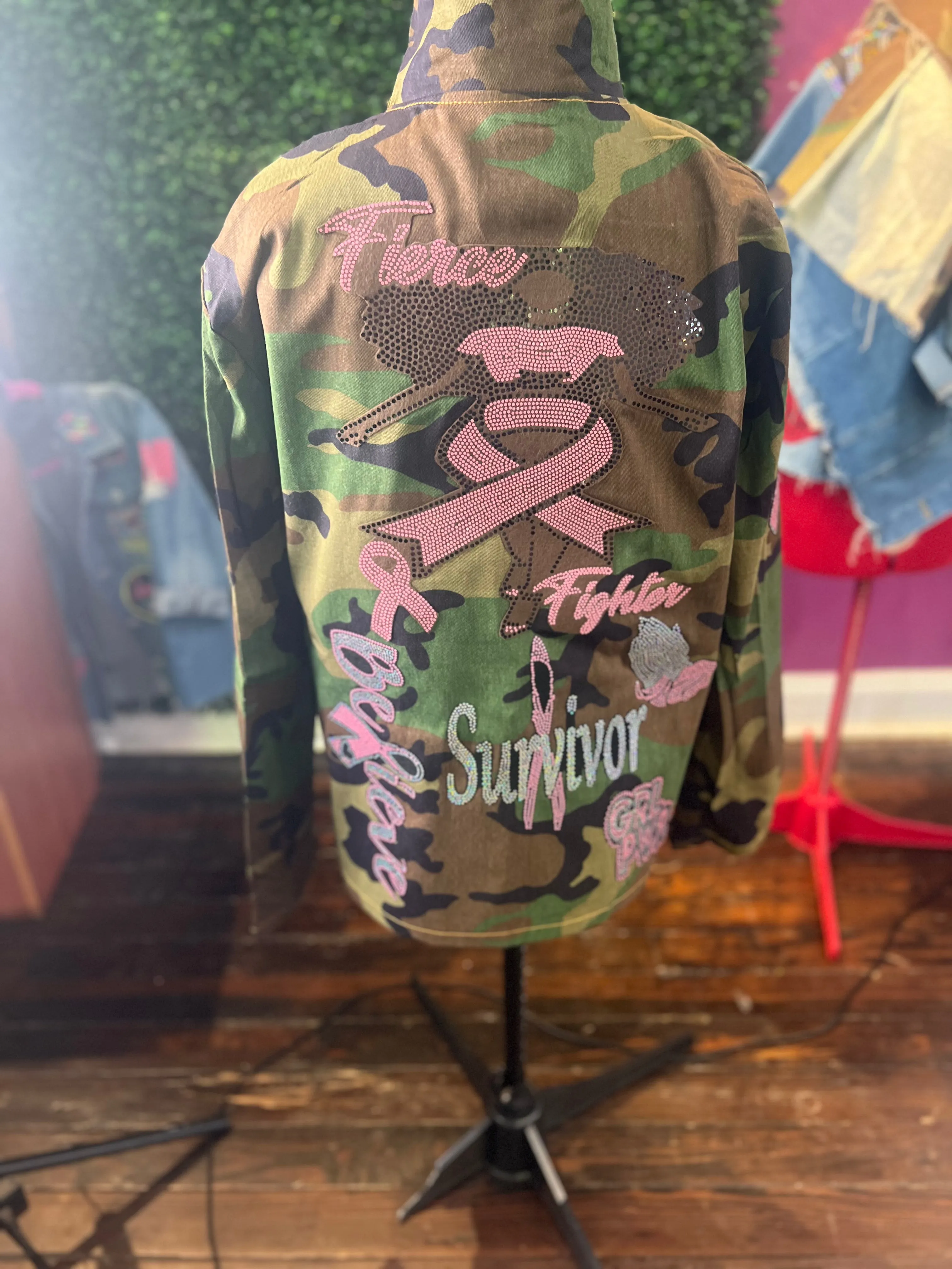 Breast Cancer FIERCE FIGHTER  CAMOUFLAGE BLING Patchwork JACKET