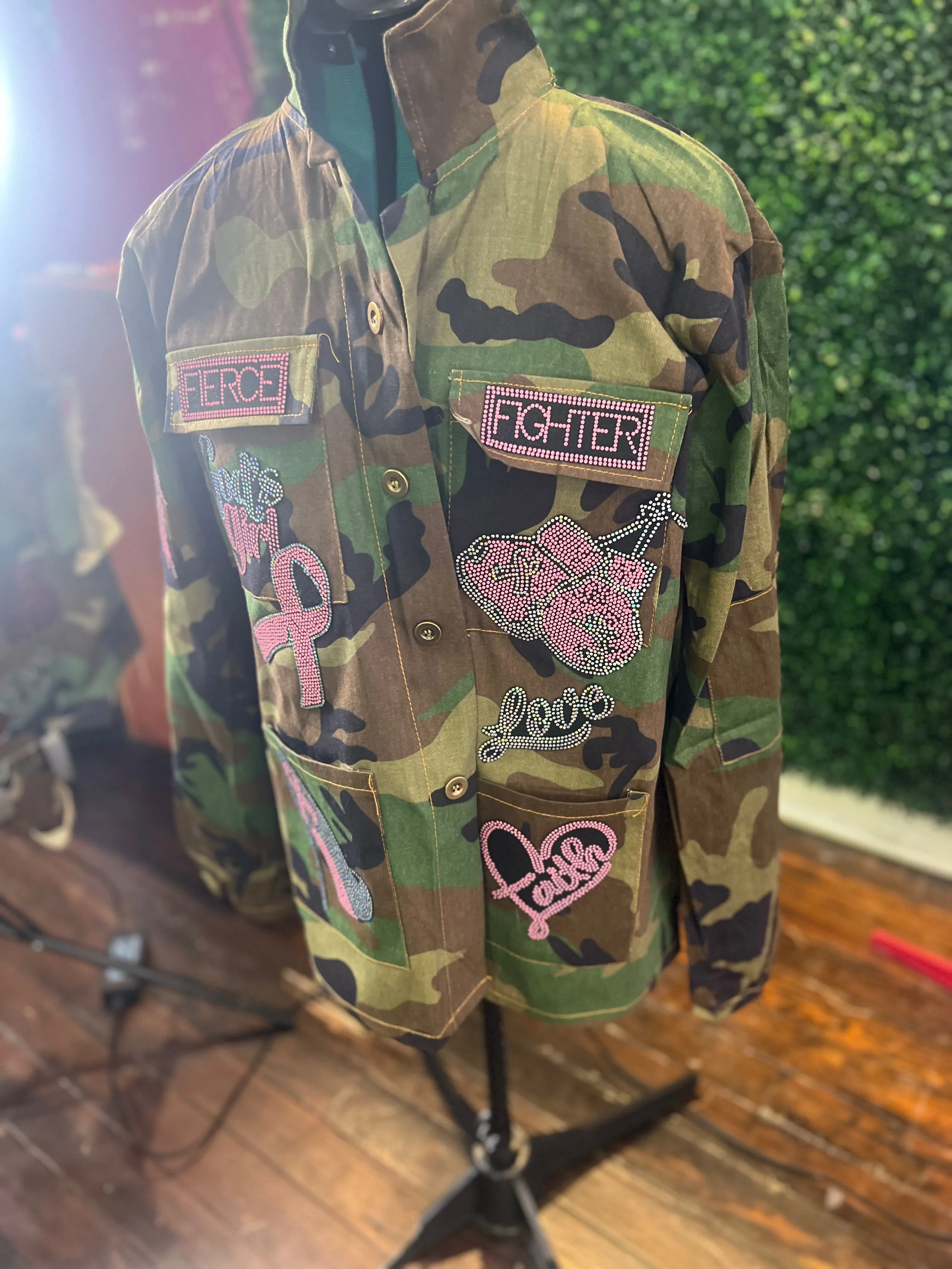 Breast Cancer FIERCE FIGHTER  CAMOUFLAGE BLING Patchwork JACKET