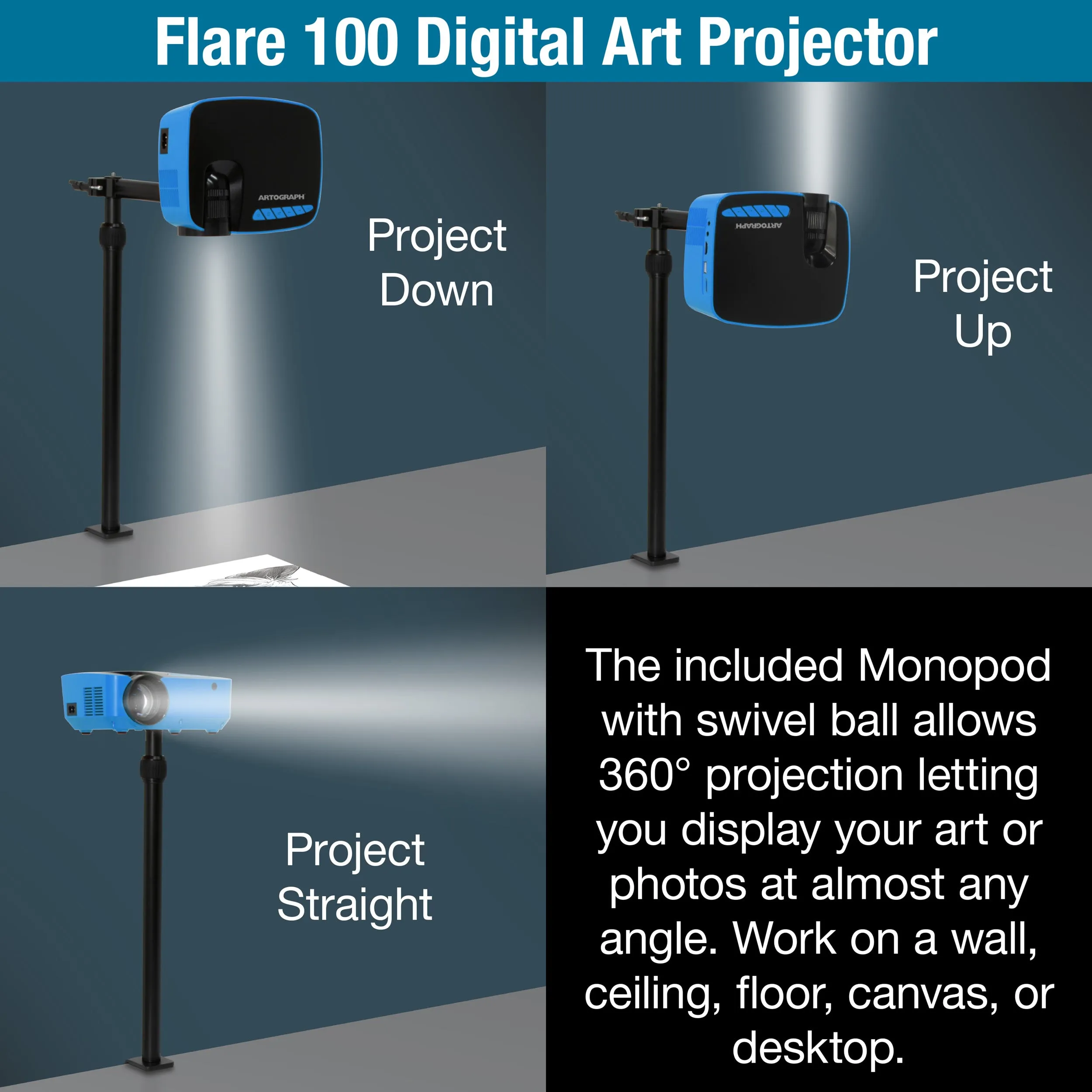 Flare 100 Artist HD Digital Projector with Monopod Arm Clamp Stand - HDMI, Art Grids, and Wi-Fi