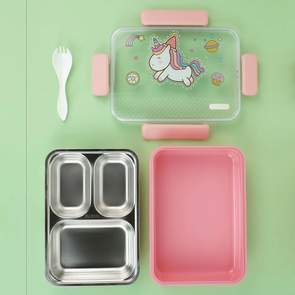 Pink Party Hat Unicorn Big Size Stainless Steel Kids Lunch Box/Tiffin with matching Lunch Bag
