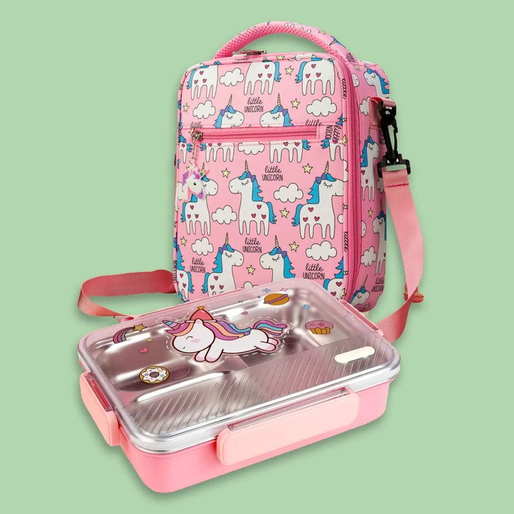 Pink Party Hat Unicorn Big Size Stainless Steel Kids Lunch Box/Tiffin with matching Lunch Bag